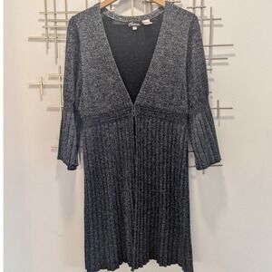 Cedrics Long Line Cardigan Metallic Silver Black Pleated Bell Sleeve Women's M